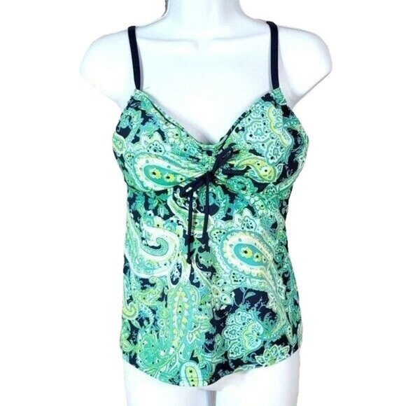 Lands' End Underwire Tankini Green Blue Size 8 Ruched Tie Adjust Padded Paisley - Picture 1 of 7